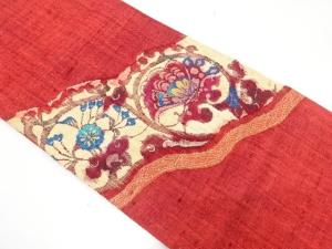 手織り真綿紬　道長取りに蝶・花模様織り出し　名古屋帯